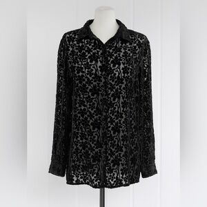 WinterSilks Black Burnout Velvet Floral Blouse Size Large Bohemian Festival